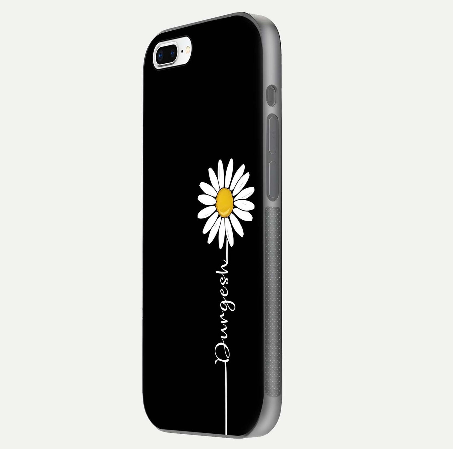 Custom Name White Flower Glass Case for iPhone 8 Plus side-angle photo showing reflection shine and name clarity