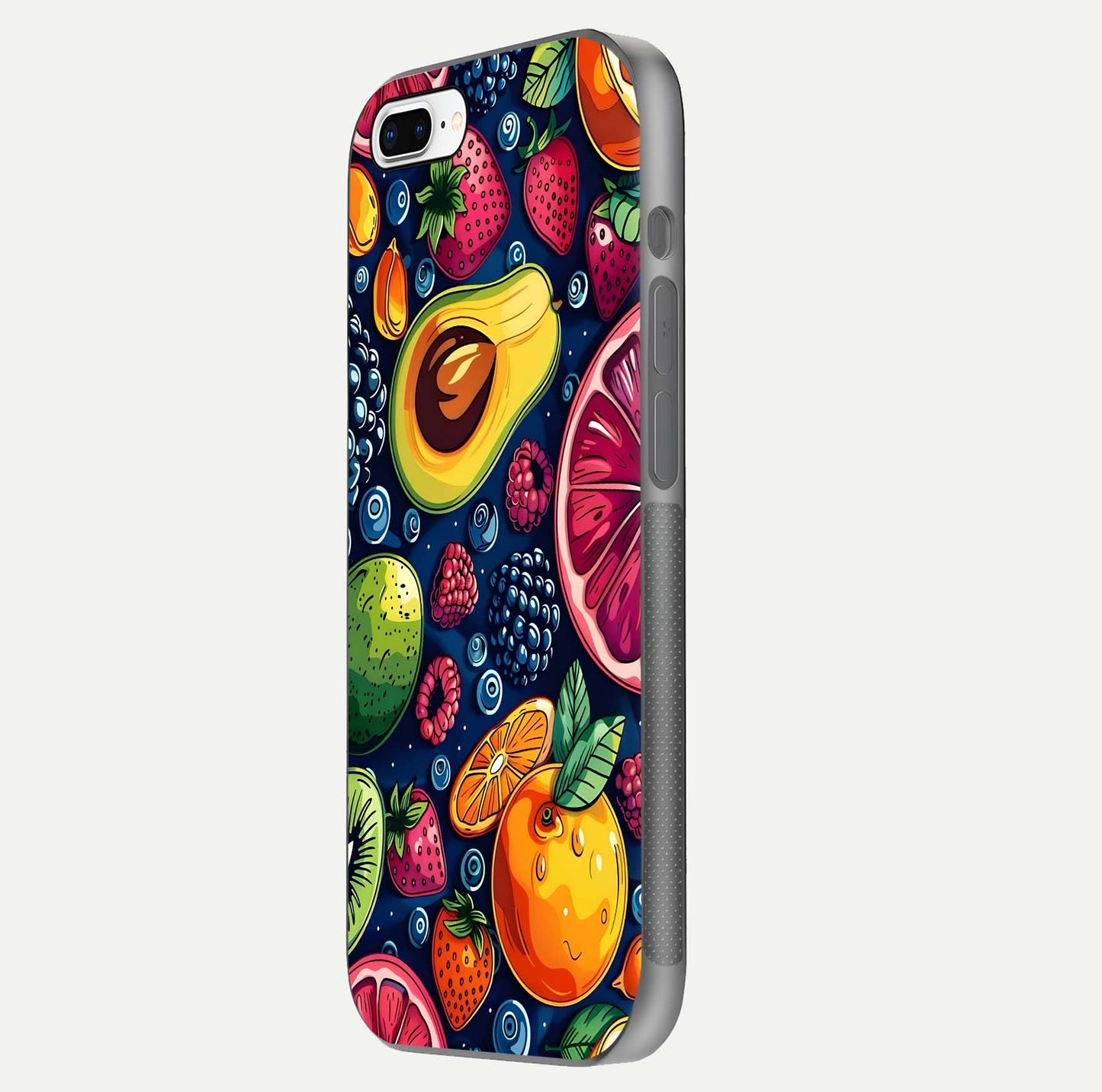Cute Fruits Art Glass Case for iPhone 8 Plus side-angle photo showing reflective finish and smooth edges