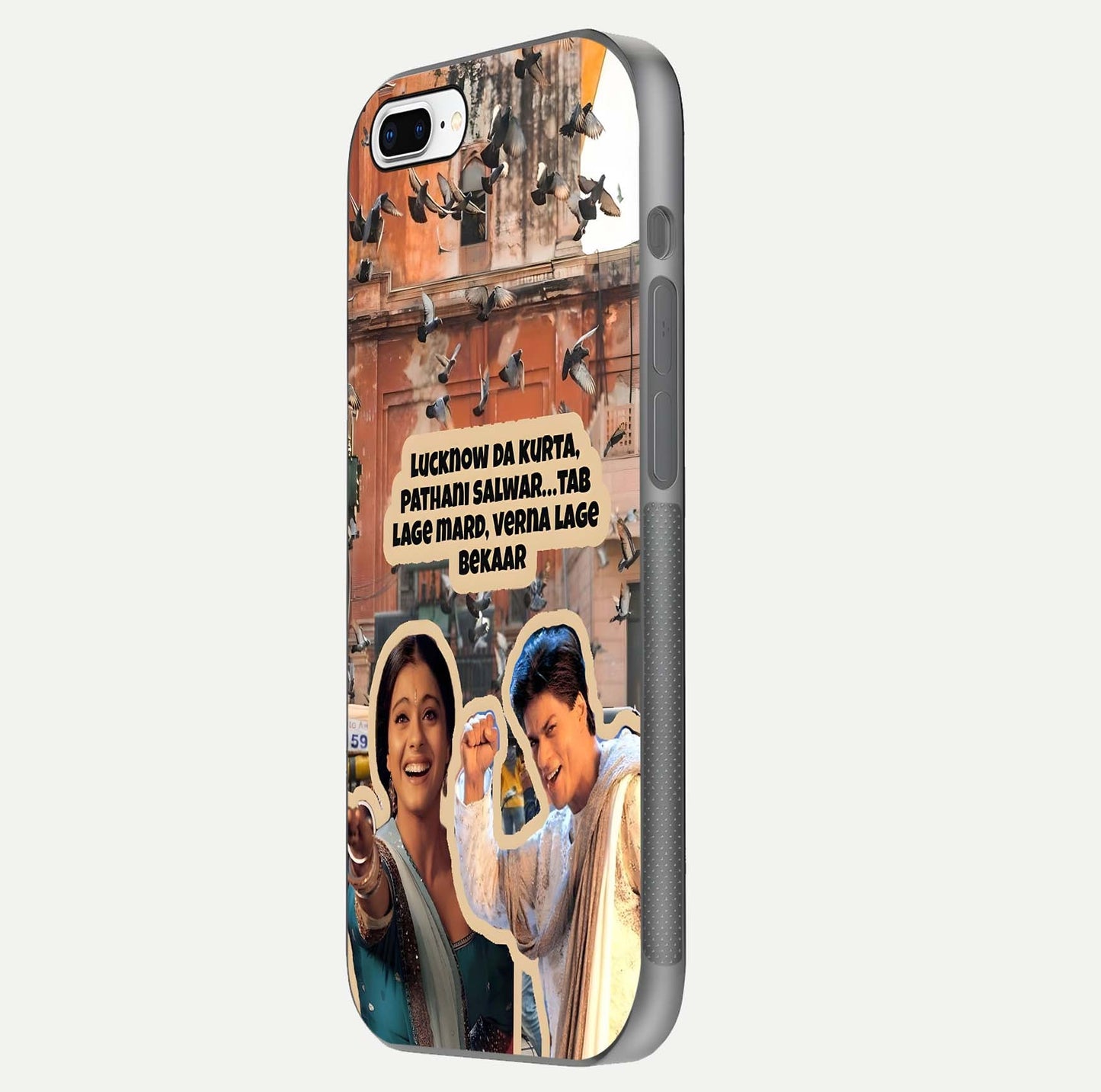 Desi Retro Vibes Glass Case for iPhone 8 Plus side-angle image displaying gloss texture and bold pattern