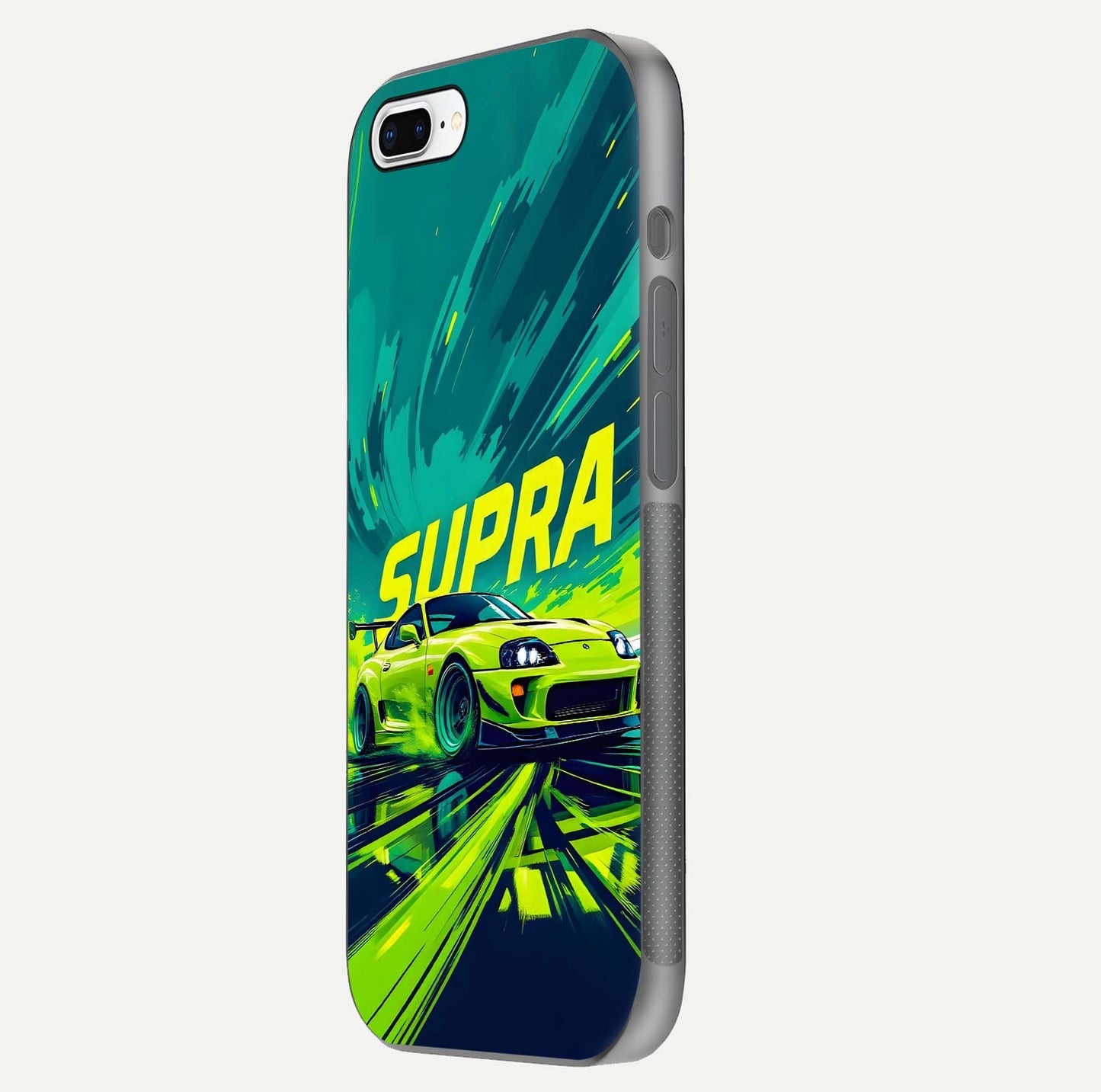 Electric Supra Thunder Glass Case for iPhone 8 Plus side-angle photo showing sleek car outline and reflective shine