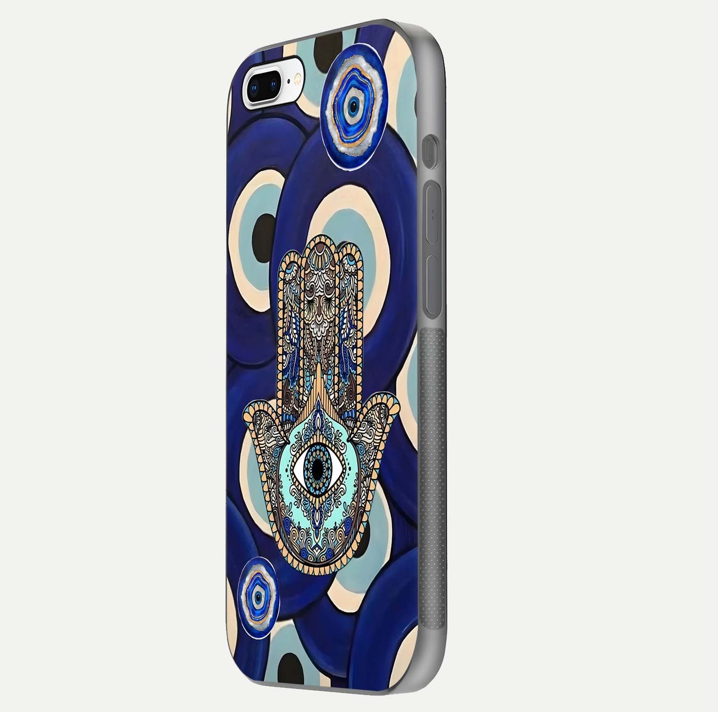 Hamsa Divine Guard Glass Case for iPhone 8 Plus side-angle image showing reflection brilliance and protective design