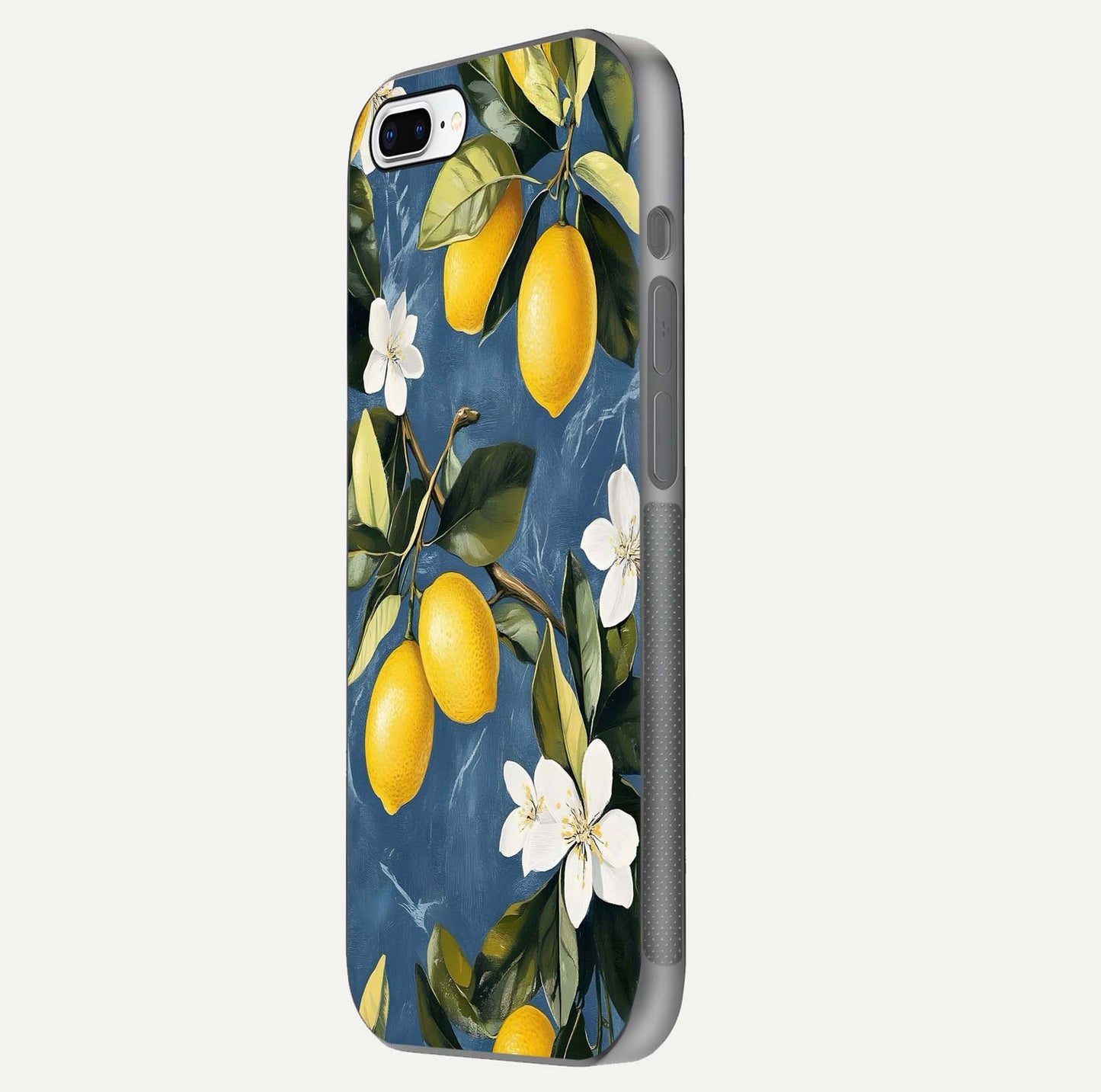 Lemon Dream Garden Glass Case for iPhone 8 Plus side-angle image showing reflection clarity and artistic fruit design