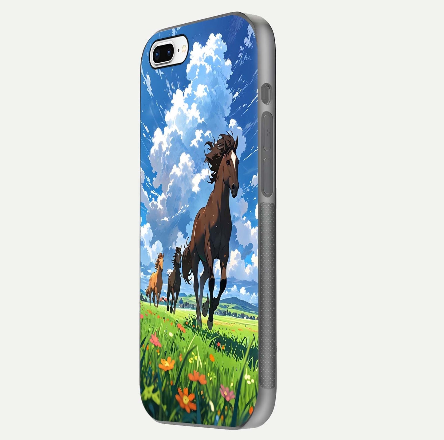 Majestic Horses Galloping Glass Case for iPhone 8 Plus side-angle shot emphasizing reflection and running artwork