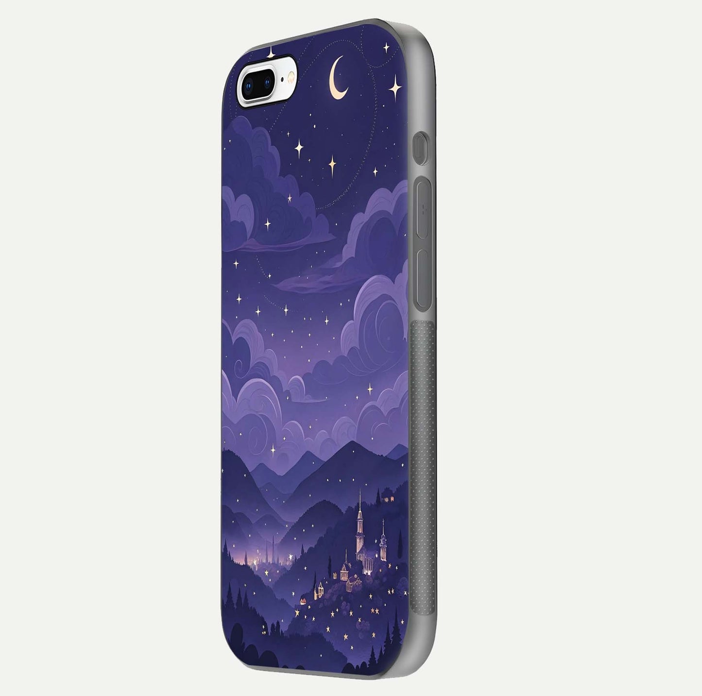 Minimal Night View Glass Case for iPhone 8 Plus side-angle image showing subtle reflection and urban design