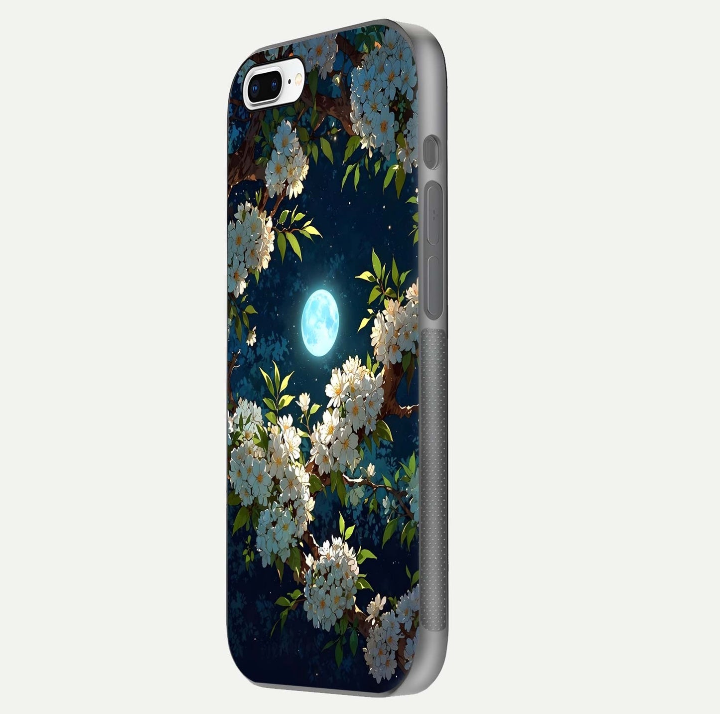Moonlit Blossom Dream Glass Case for iPhone 8 Plus side-angle image showing shine depth and flower glow
