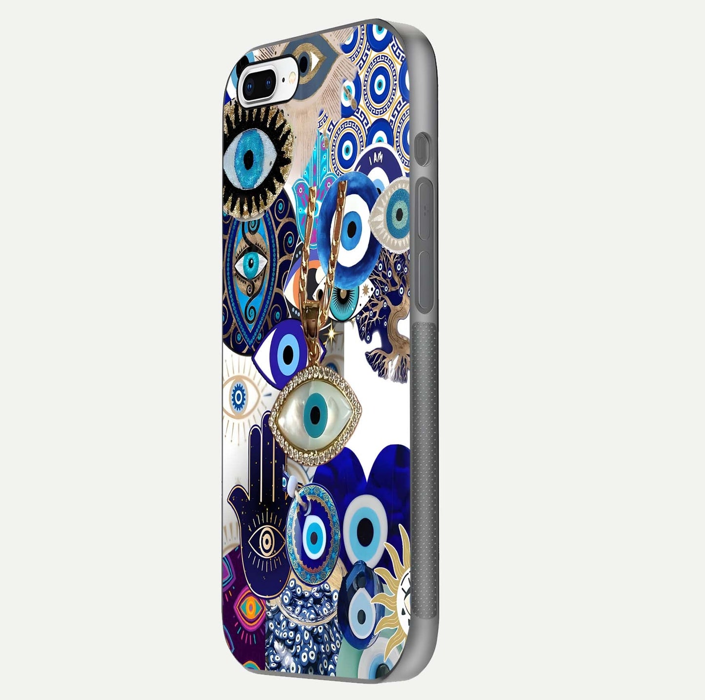 Mystic Charm Eye Glass Case for iPhone 8 Plus side-angle image showing HD reflection and sacred tone