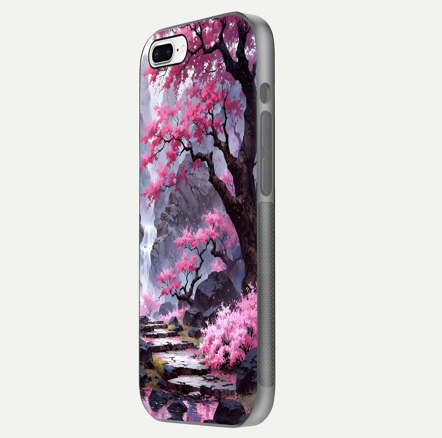 Pinkish Scenery Glass Case for iPhone 8 Plus side-angle image showing depth, gloss, and scenic details