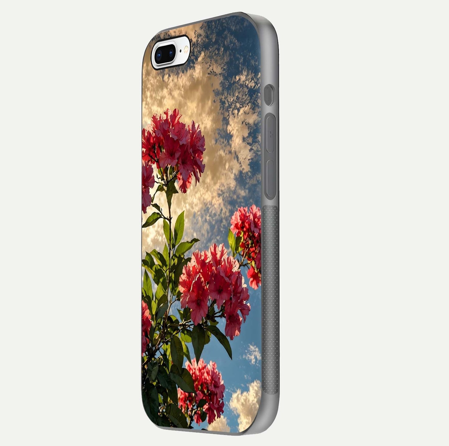 Red Bloom Skies Glass Case for iPhone 8 Plus side-angle image showing reflection, print clarity, and tone blend