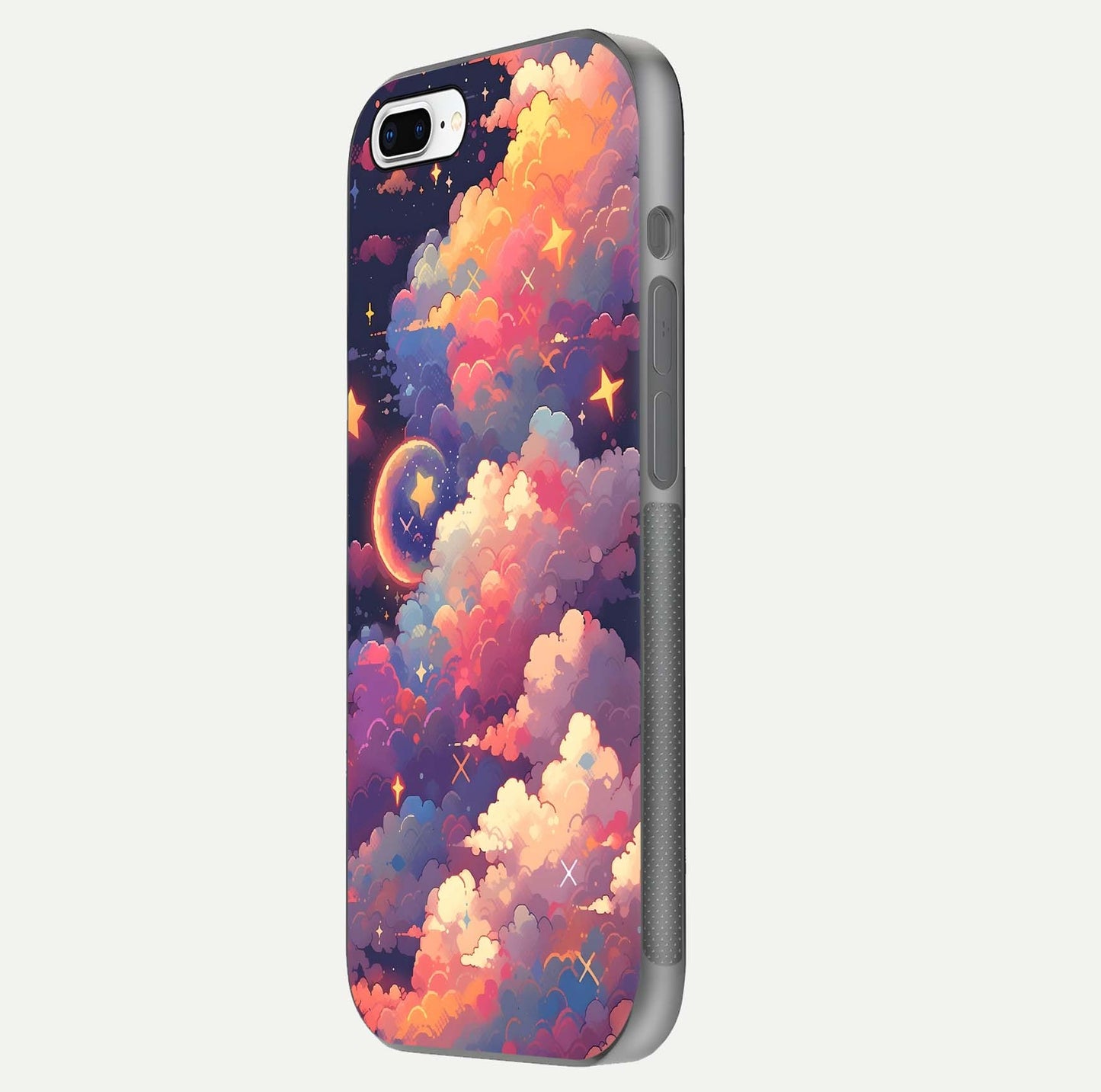 Starlit Dream Clouds Glass Case for iPhone 8 Plus side-angle image showing shine, reflection, and dreamy tones