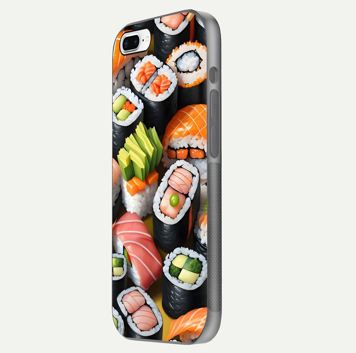 Sushi Food Pattern Glass Case for iPhone 8 Plus side-angle image showing shine, gloss, and sushi artwork
