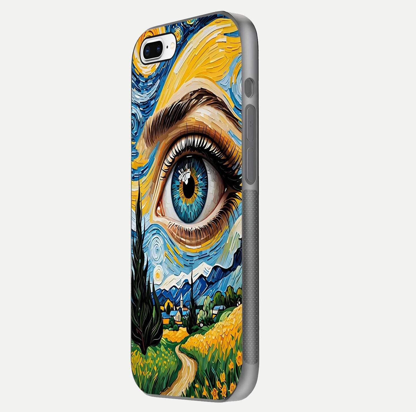 Van Gogh Eye Glass Case for iPhone 8 Plus side-angle image showing reflection, gloss, and artistic contrast