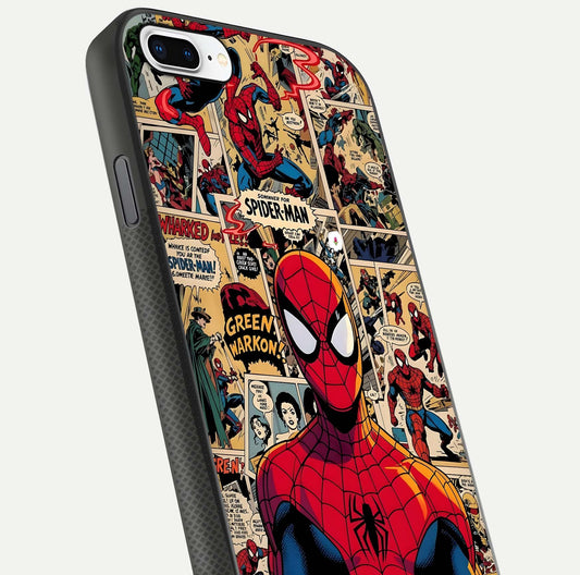 Aesthetic Spider Man Glass Case for iPhone 8 Plus close-up angled shot showing detailed Spider-Man artwork and gloss reflection