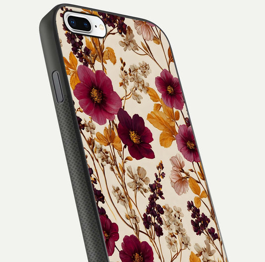 Autumn Wine Bloom Glass Case for iPhone 8 Plus close-up highlighting petal detail and gloss reflection
