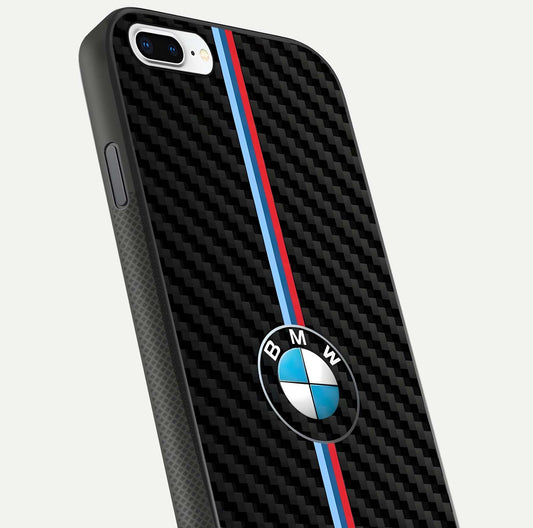 BMW Pattern Glass Case for iPhone 8 Plus close-up angle showing BMW logo detailing and high-reflect gloss texture