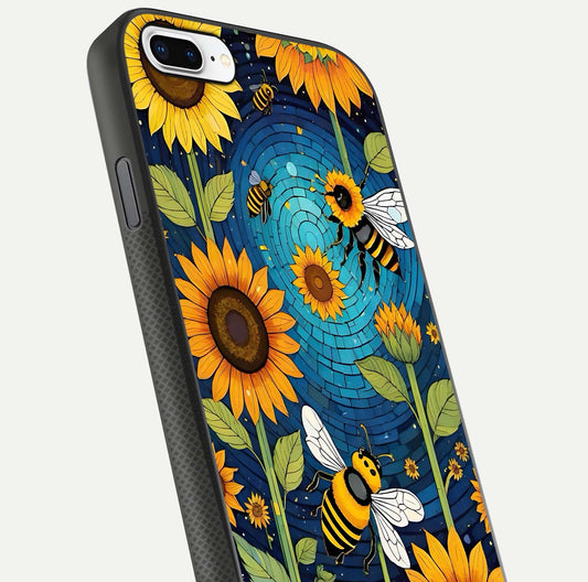 Bees & Sunflowers Glass Case for iPhone 8 Plus close-up angled shot showing detailed petals, bee prints, and glass reflection