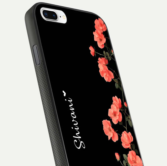 Crimson Bloom Grace Custom Name Glass Case for iPhone 8 Plus close-up highlighting flower pattern and reflection texture
