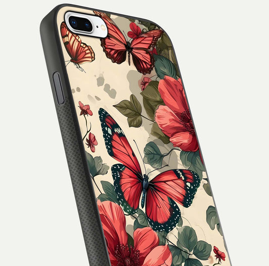 Crimson Butterfly Garden Glass Case for iPhone 8 Plus close-up showing wing detail and reflection shine
