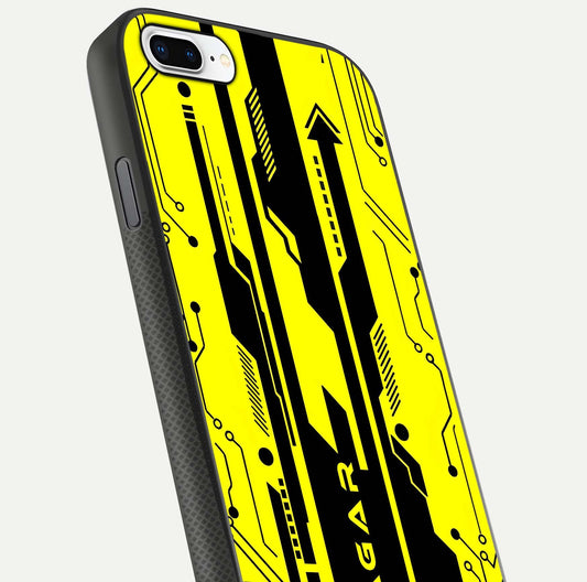 Electric Pulse CYBERPUNK Custom Name Glass Case for iPhone 8 Plus close-up highlighting tech pattern, lighting effect, and reflection shine
