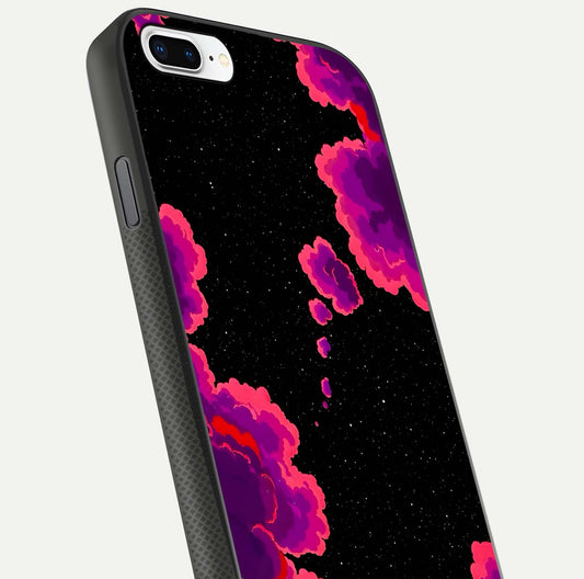 Galaxy Dream Frame Glass Case for iPhone 8 Plus close-up angled shot showing nebula patterns and reflection glow