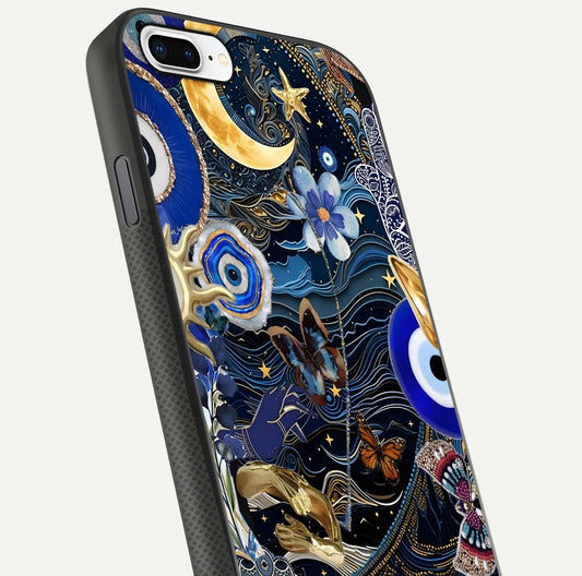 Golden Moon Magic Glass Case for iPhone 8 Plus close-up angled shot showing lunar glow, star detail, and reflection brightness