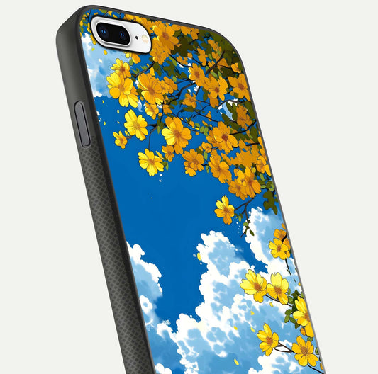 Golden Petal Sky Glass Case for iPhone 8 Plus close-up angled shot showing petal texture and shine reflection