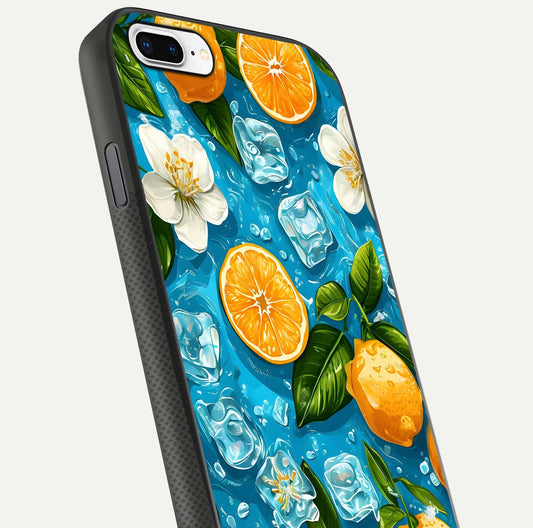 Ice Cube With Orange Glass Case for iPhone 8 Plus close-up angled shot showing orange slices and ice reflections