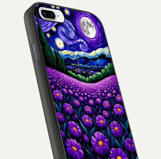 Lavender Moon Field Glass Case for iPhone 8 Plus close-up angled shot showing moon glow and purple detailing