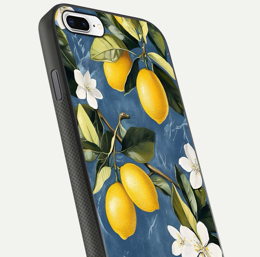 Lemon Dream Garden Glass Case for iPhone 8 Plus close-up angled shot showing fruit details and shine reflection