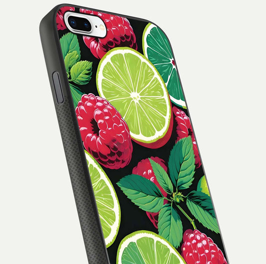 Lime and Raspberry Pattern Glass Case for iPhone 8 Plus angled close-up showing fruit texture and reflection glow