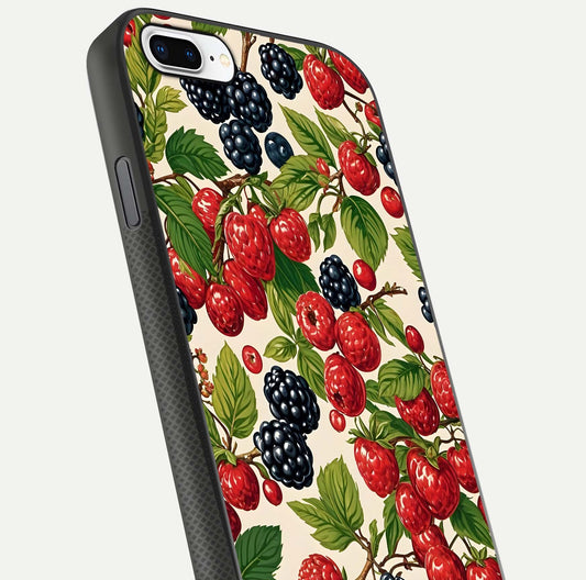 Mixed Berry Collage Glass Case for iPhone 8 Plus close-up angled shot showing fruit detail and reflection glow