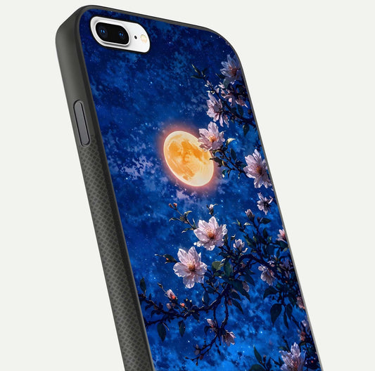 Moonlit Blossoms Night Glass Case for iPhone 8 Plus close-up angled shot showing petal glow and reflection detail
