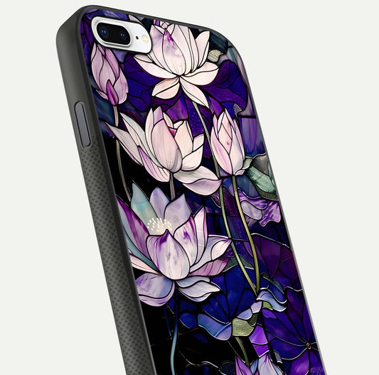 Purple Lotus Pattern Glass Case for iPhone 8 Plus close-up angled shot showing petal texture and HD reflection
