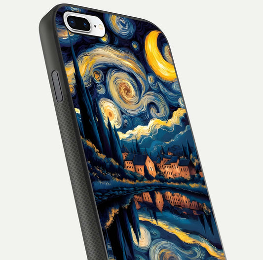 Starry Sky Serenity Glass Case for iPhone 8 Plus close-up angled shot highlighting light reflection and blue hues