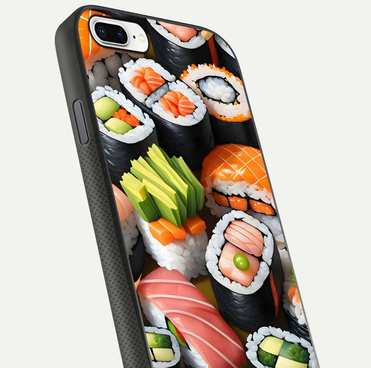 Sushi Food Pattern Glass Case for iPhone 8 Plus close-up angled shot highlighting colorful sushi prints and reflection