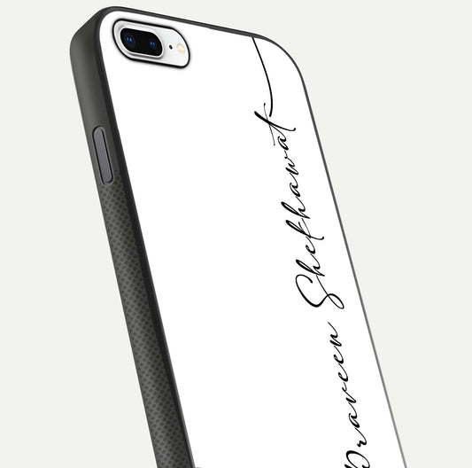White Tune Custom Name Glass Case for iPhone 8 Plus close-up angled shot highlighting gloss reflection and texture