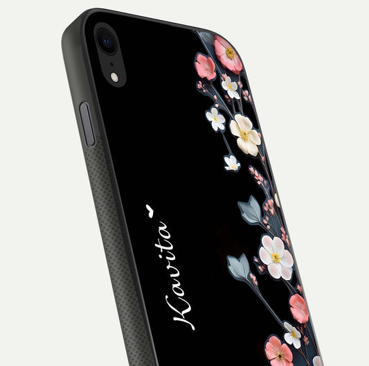Black Elegance Floral Custom Name Glass Case for iPhone X close-up shot showing rose detailing and elegant reflection