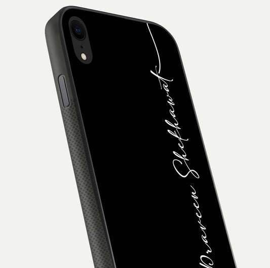 Black Tune Custom Name Glass Case for iPhone X close-up shot highlighting sleek monochrome design and reflection