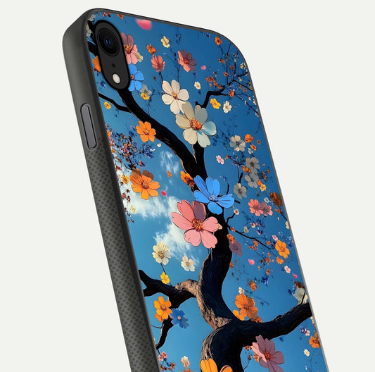 Blossom Dream Sky Glass Case for iPhone X close-up shot highlighting dreamlike clouds and pink blossoms