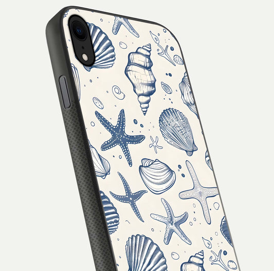 Blue Ocean Outline Glass Case for iPhone X close-up shot highlighting line art details and reflection texture