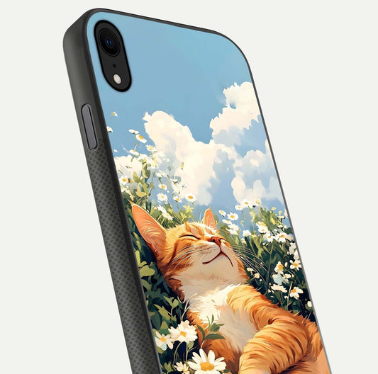Cat & Flowers View Glass Case for iPhone X close-up view highlighting cat expression and petal detail