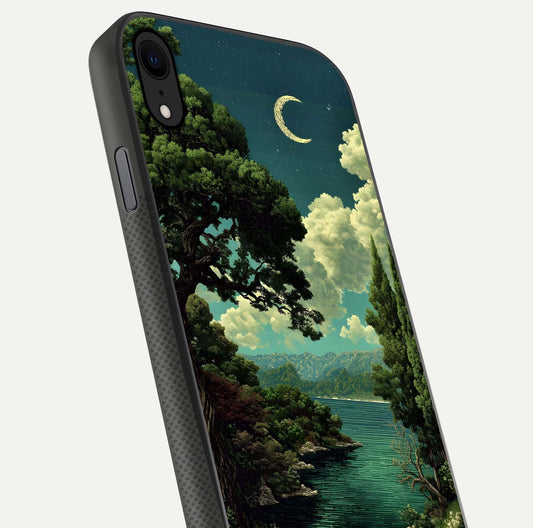 Celestial Lake Peace Glass Case for iPhone X close-up highlighting moon reflection and glossy texture