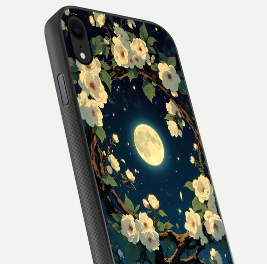 Celestial Moon & Flower Glass Case for iPhone X close-up capturing petal reflection and moonlight contrast
