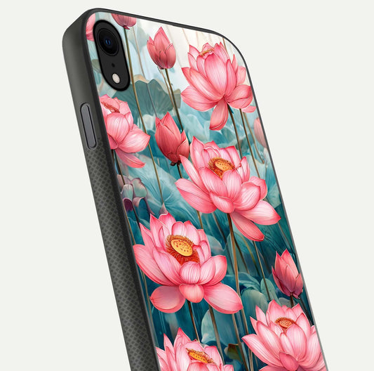 Celestial Pink Lotus Glass Case for iPhone X close-up highlighting petal detail and HD glass reflection