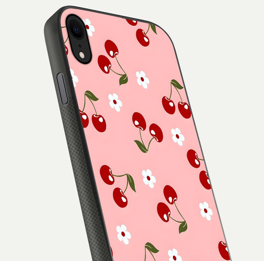 Cherry Love Mood Glass Case for iPhone X close-up highlighting cherry heart pattern and reflection shine