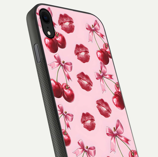 Cherry With Lips Glass Case for iPhone X close-up view highlighting lips texture and reflection shine