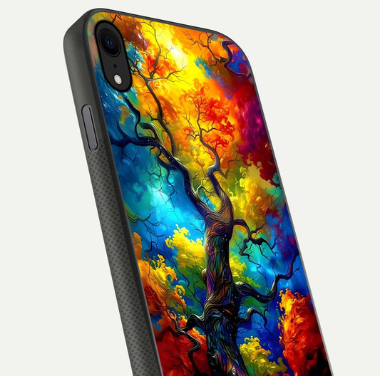 Colorful Tree Glass Case for iPhone X close-up highlighting leaf detail, gradient colors, and shine