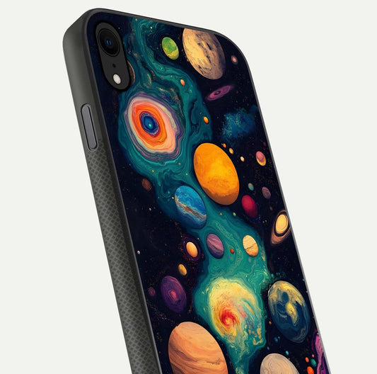 Cosmic Planet Journey Glass Case for iPhone X close-up highlighting planets, stars, and shine reflection
