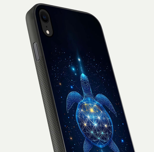 Crimson Blue Turtle Glass Case for iPhone X close-up highlighting turtle shell detail and shine reflection