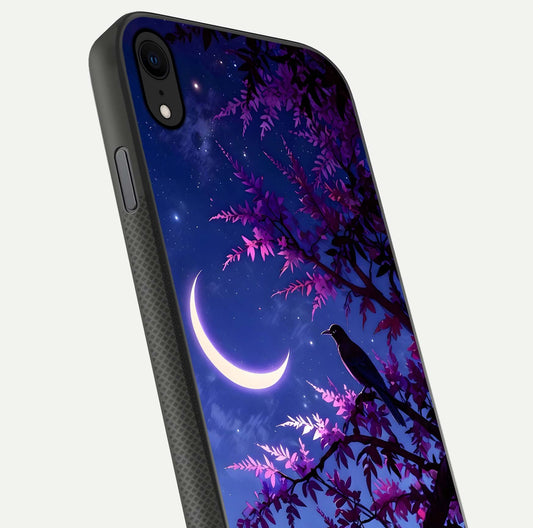 Crow & Moon Scenery Glass Case for iPhone X close-up highlighting moon detail, dark tones, and glass reflection