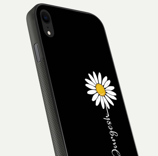 Custom Name White Flower Glass Case for iPhone X close-up highlighting petals, name print, and reflection polish